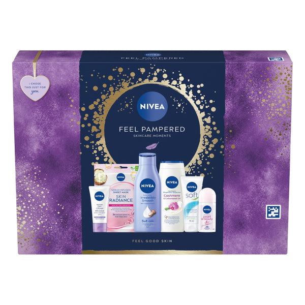 NIVEA Feel Pampered Skincare Gift Set (6 Products), Women's Gift Set Includes Shower Cream, Anti-Perspirant, Body Lotion, Soothing Day Cream SPF15, Soft Moisturising Cream and Face Sheet Mask