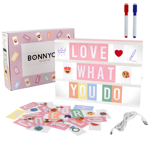 Pink Cinema Light Box with 400 Letters, Emojis & 2 Markers – BONNYCO | A4 Led Light Box for Kids, Girl Room Decor, Home | Letter Board Girls Birthday Presents, Novelty Gifts for Women at Christmas