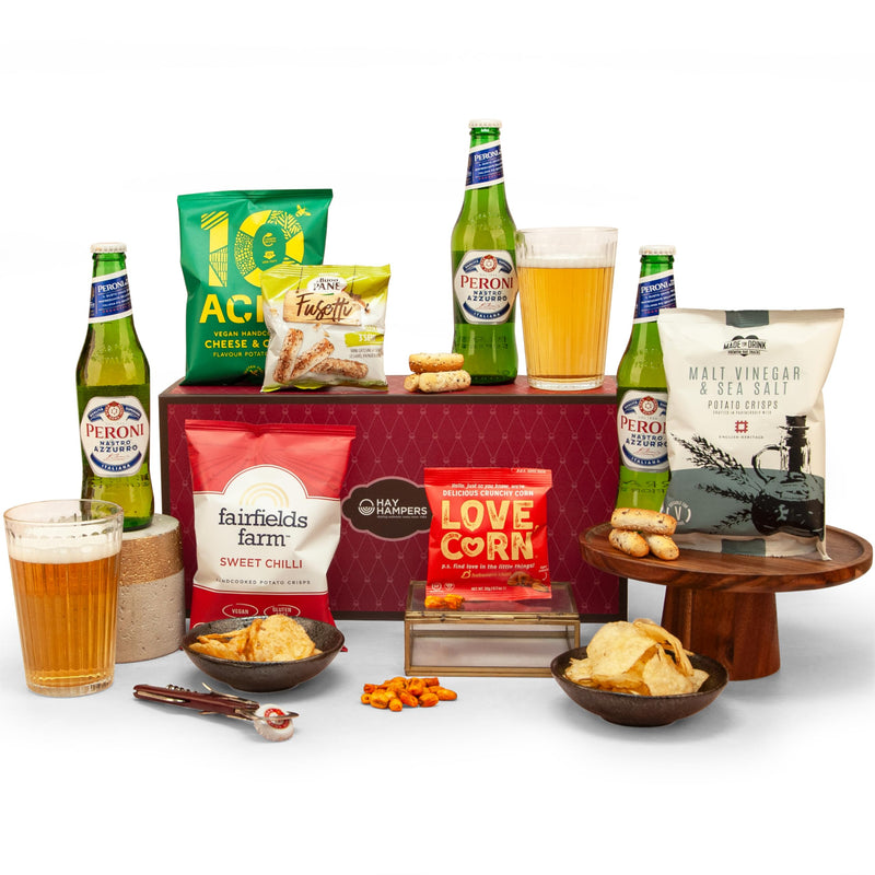 Beer and Pub Snacks Hamper - Gift Hamper with Peroni Lager, Pub Snacks, Crisps, Breadsticks & Corn Kernels – Gift for Dad, Best Dad Hamper, Beer Hamper for Men - Hay Hampers