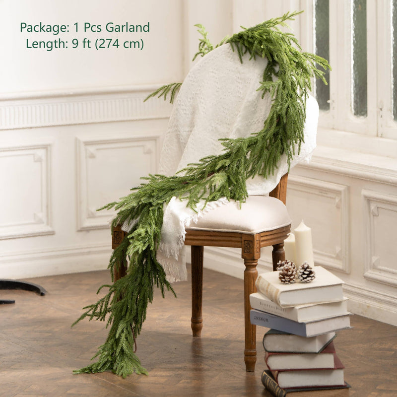 Christmas Garlands - Norfolk Pine Garland for Mantle and Staircase, Real Touch Artificial Faux Greenery Holiday Decor (1Pcs, 9 feet) - Gift Guide