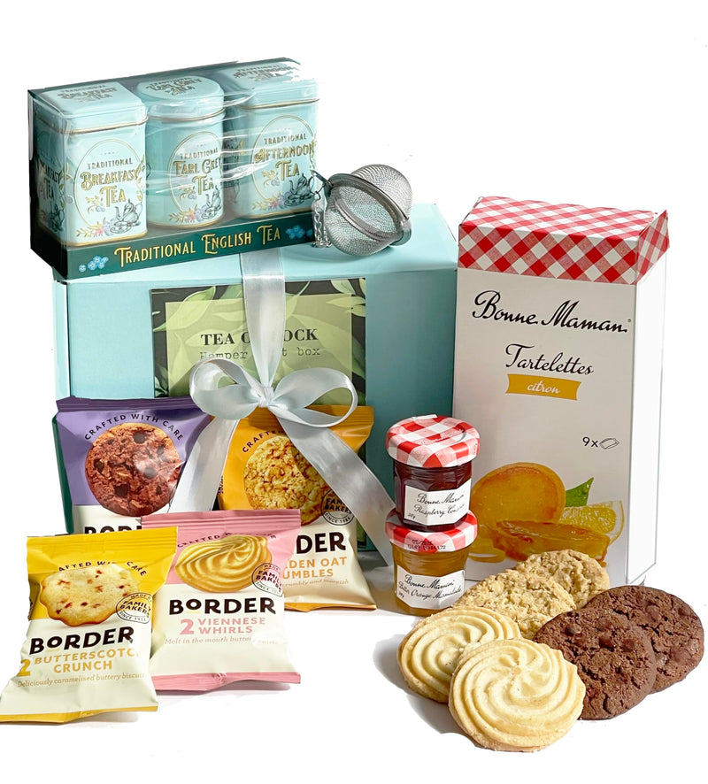 Tea O'Clock Afternoon Tea Hamper - Gift Set With French Tartalets, Biscuits, Jam, Marmalade & Tea – Food Hamper For 2 - Ideal for Birthdays - Handmade in the UK - Gift Guide