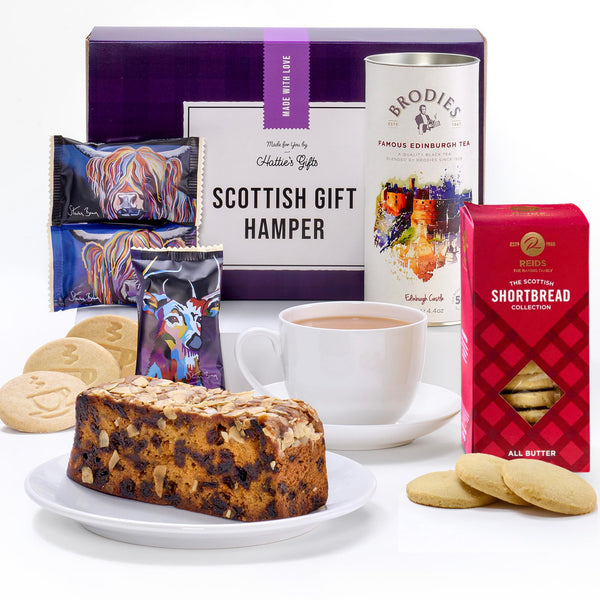 Traditional Scottish Tea and Cake Hamper by Hattie's Gifts - Brodies Tea, Dundee Cake, All Butter Scottish Shortbread, Steven Brown's Biscuits, Afternoon Tea Hamper for 2 - Gift Guide