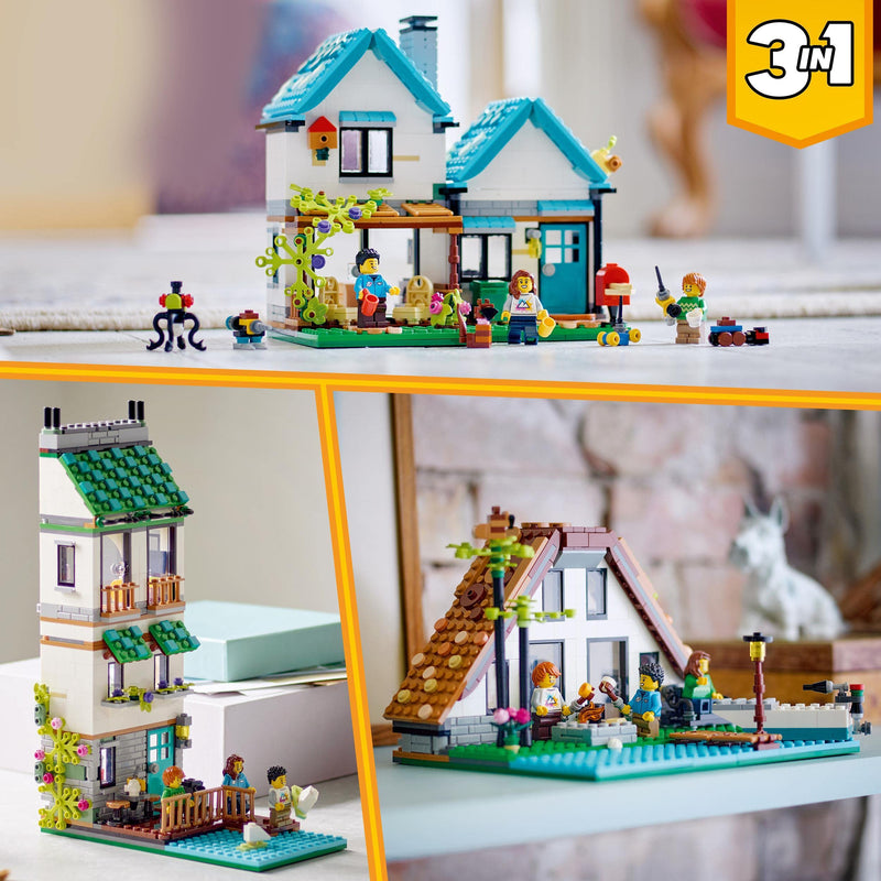 LEGO 31139 Creator 3 in 1 Cosy House Toy Set, Model Building Kit with 3 Different Houses plus Family Minifigures and Accessories, Gift for Kids, Boys and Girls