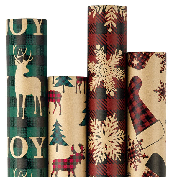 RUSPEPA Christmas Wrapping Paper, Kraft Paper - Red and Green Plaids Style Designs - Christmas Elements Collection - 4 Rolls - 76cm x 305cm per Roll - Gift Guide