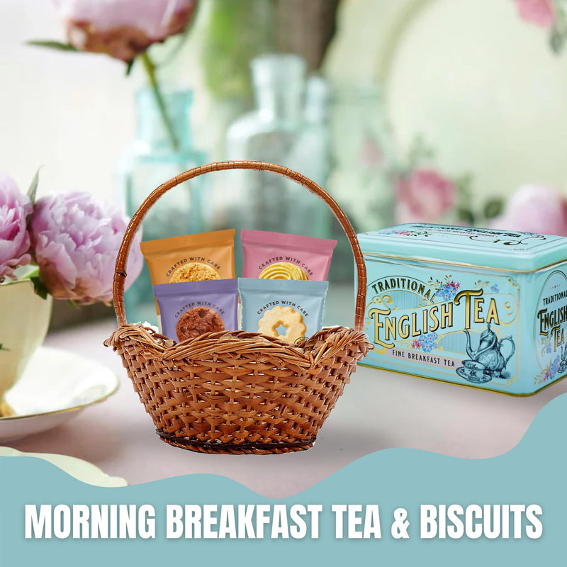 Afternoon Tea & Biscuits Hamper With 8 Border Biscuits & 80 English Teabags (Breakfast & Afternoon) Vintage Tins - Gift Guide