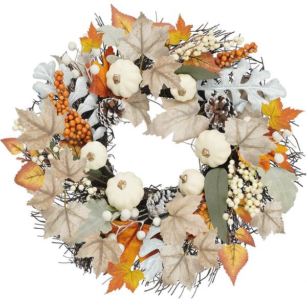 Miaikoe 18 Inch Autumn Wreath Decoration for Front Door, Fall Neutral Wreath with Maple Leaf Berry Harvest Pumpkins Pinecones for Fall Thanksgiving Halloween Decorations 45cm (White&Brown) - Gift Guide