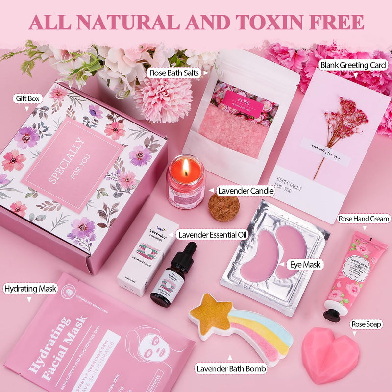 Lavender&Rose Bath Sets Birthday Pamper Gifts for Women Her, Unique Skin Care Self Care Package for Her Relaxation Spa Set Birthday Hampers Get Well Soon Gifts Ideas for Women Best Friend Bestie Mum