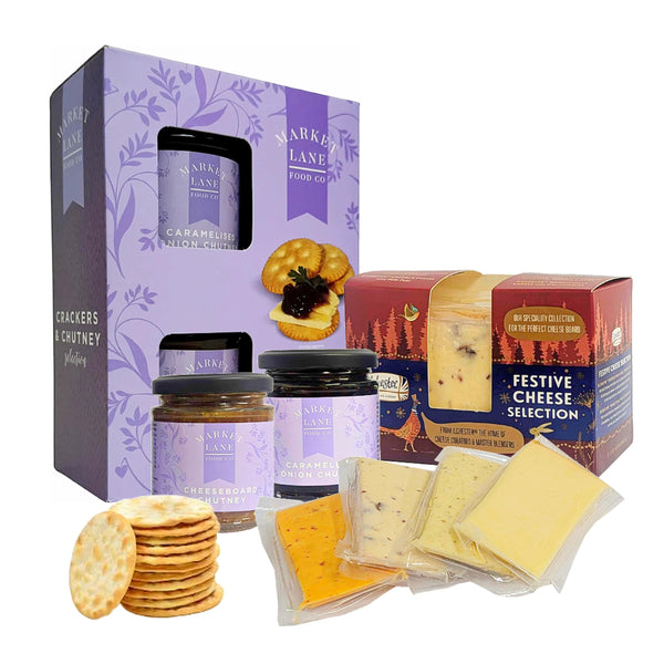 Festive Cheese Hamper Selection Gift - Ilchester 4 x 100g Assorted Cheese Box & 2 x 190g Cheeseboard Chutneys Crackers Selection Box Christmas with Card. Christmas Gifts for Him or Her - Gift Guide