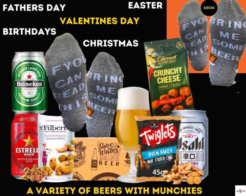 The Assorted Hamper Craft Beer GiftSet Box for Men and Women| Craft Beer Lager Hamper Gift Set with 3 Craft Beer Cans|1 x Tasting Glass|3 Assorted Delicious Snacks|1 x Beer Socks