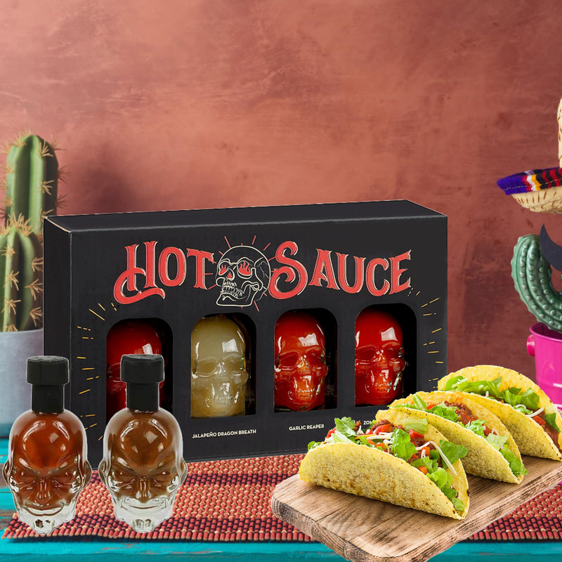 Hot Sauce Gift Set for Mens Gifts - Chilli Skull Spicy Sauce Heat Pack of 4 Different Flavour Sauce Bottle Gift with Topline Card. Christmas Gifts for Men, Stocking Fillers, Birthday Gifts for Women - Gift Guide