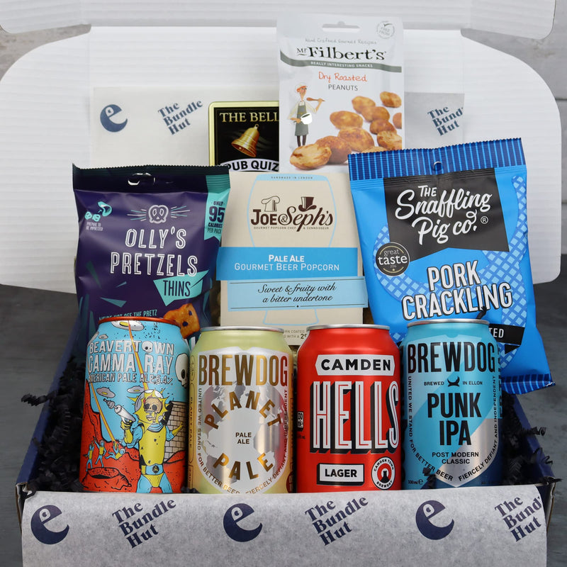 Craft Beer Gift Set Hamper for Men from The Bundle Hut: Pub in a Box Includes 4 Craft Beer Cans, Snacks and a Pub Quiz Game - Birthday Gift for Him, Beer Gift for Dad (Blue Box) - Gift Guide