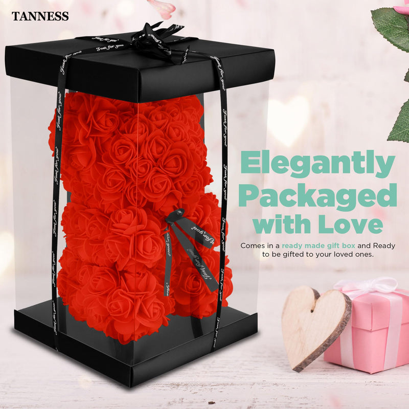 Tanness 25cm Rose Bear with Transparent Gift Box & Black Ribbon | Rose Petals Teddy Bear Presents for Women | Artificial Flowers Rose Bear Valentine Gifts, Gifts for Women (Red)