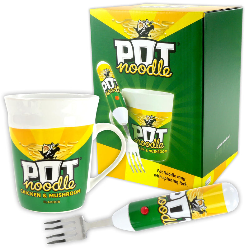 Kimm & Miller Pot Noodle Spinning Fork & Mug Gift Set - Funny Novelty Gifts for Men, Women, Teens & Students - Chicken and Mushroom Design