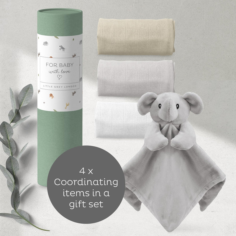 Newborn Baby Unisex Essentials Gift Set from Little Grey London. Includes 100% Cotton Muslins & Plush Elephant Comforter Ready Packed as a Gift Set. A Great Gift for Any Occassion. - Gift Guide