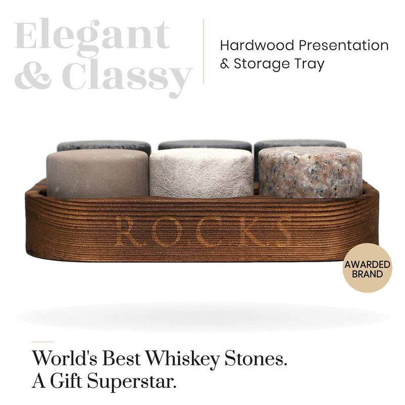 Whiskey Chilling Stones - Set of 6 Handcrafted Premium Granite Round Sipping Rocks - Hardwood Presentation & Storage Tray by R.O.C.K.S.