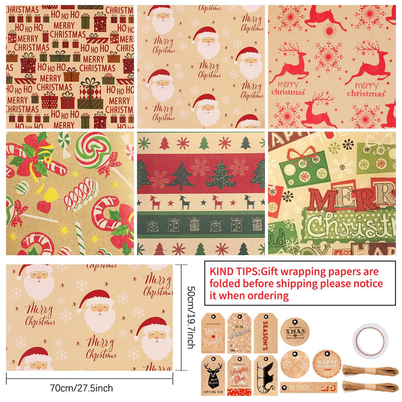 Niviy Christmas Wrapping Paper Sheets 70x50cm Printed with Santa Claus, Christmas Tree and Elk, Recyclable Xmas Wrap Paper for Wrapping Gift with Hang Tag, Double-Sided Ribbon and Twine Pack of 6 - Gift Guide