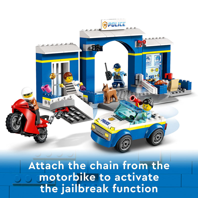 LEGO City Police Station Chase Playset with Car Toy and Motorbike, Breakout Jail, 4 Minifigures and Dog Figure, Toys for Kids, Boys & Girls 4 Plus Years Old 60370