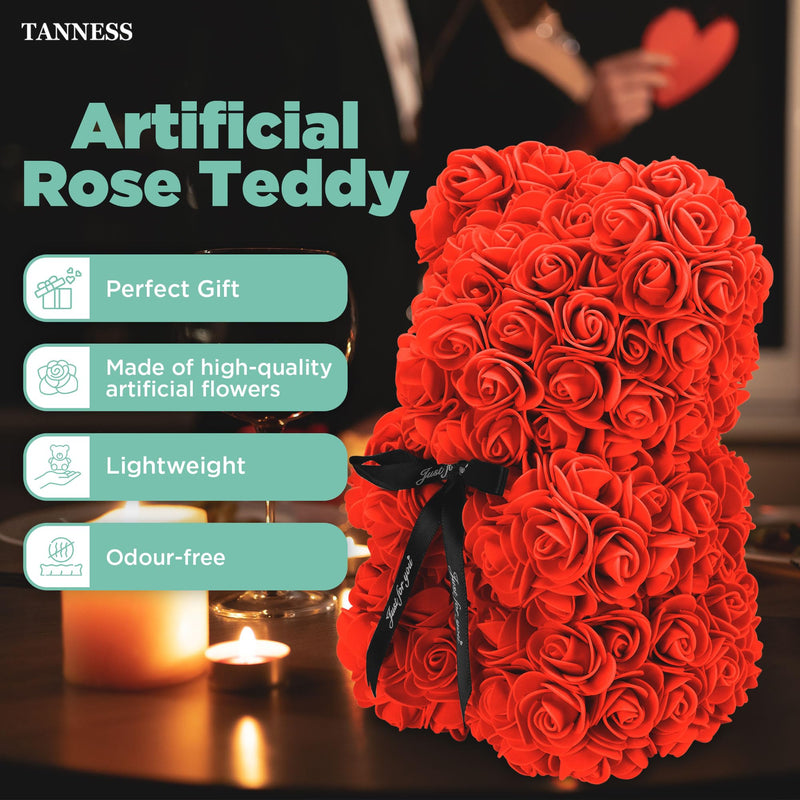 Tanness 25cm Rose Bear with Transparent Gift Box & Black Ribbon | Rose Petals Teddy Bear Presents for Women | Artificial Flowers Rose Bear Valentine Gifts, Gifts for Women (Red)