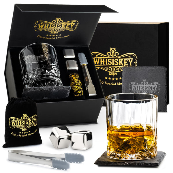 Whisiskey - Whiskey Glass Set - Whisky Accessories Set - Whiskey Gift Set - Gifts for Men - Reusable Ice Cubes - Contains: 1 Tumbler Glass, 2 Whiskey Stones, 1 Coaster, Storage Bag & Ice Tongs