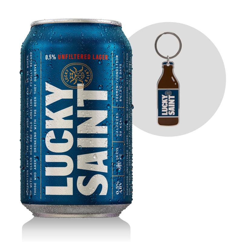 LUCKY SAINT Alcohol Free Beer - Unfiltered Lager, Case of 12 x 330ml, 0.5% Cans with Keyring | Vegan, 53 Calories Per Lager | 4 Ingredients: Pilsner Malt, Hallertau Hops, Water & Yeast
