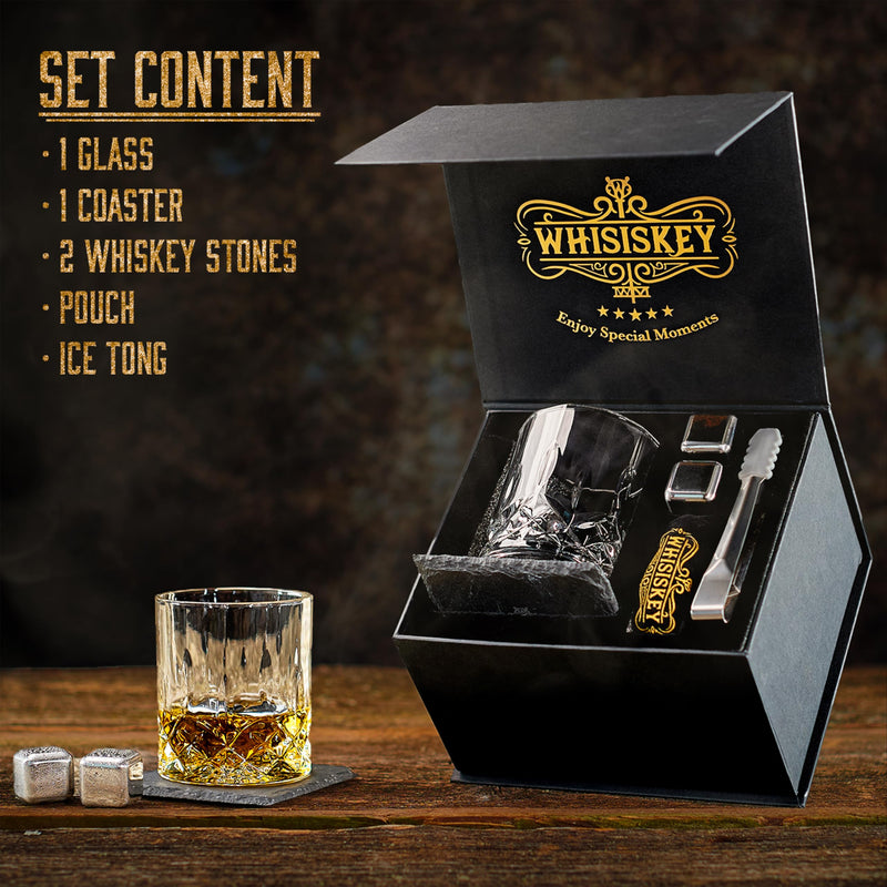 Whisiskey - Whiskey Glass Set - Whisky Accessories Set - Whiskey Gift Set - Gifts for Men - Reusable Ice Cubes - Contains: 1 Tumbler Glass, 2 Whiskey Stones, 1 Coaster, Storage Bag & Ice Tongs