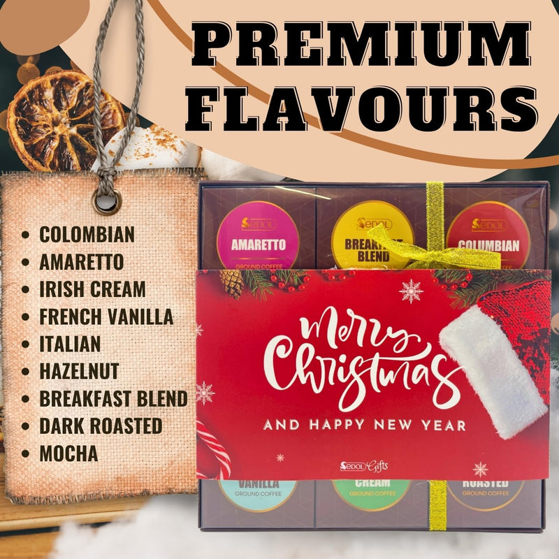 Christmas Coffee Gift Set - 9 Flavoured Gourmet Ground Coffee Gift Set Selection - Premium Medium-Dark Roasted Coffee Christmas Gifts for Men & Women - Luxury Christmas Gifts for Coffee Lovers - Gift Guide