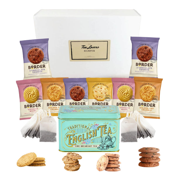 Border Biscuits Tea Gift Set Hamper With Fine New English Tea Tin & 40 Ta Bags | Tea & Biscuit Lovers Gift | With Viennese, Choc Chip & more! - Gift Guide