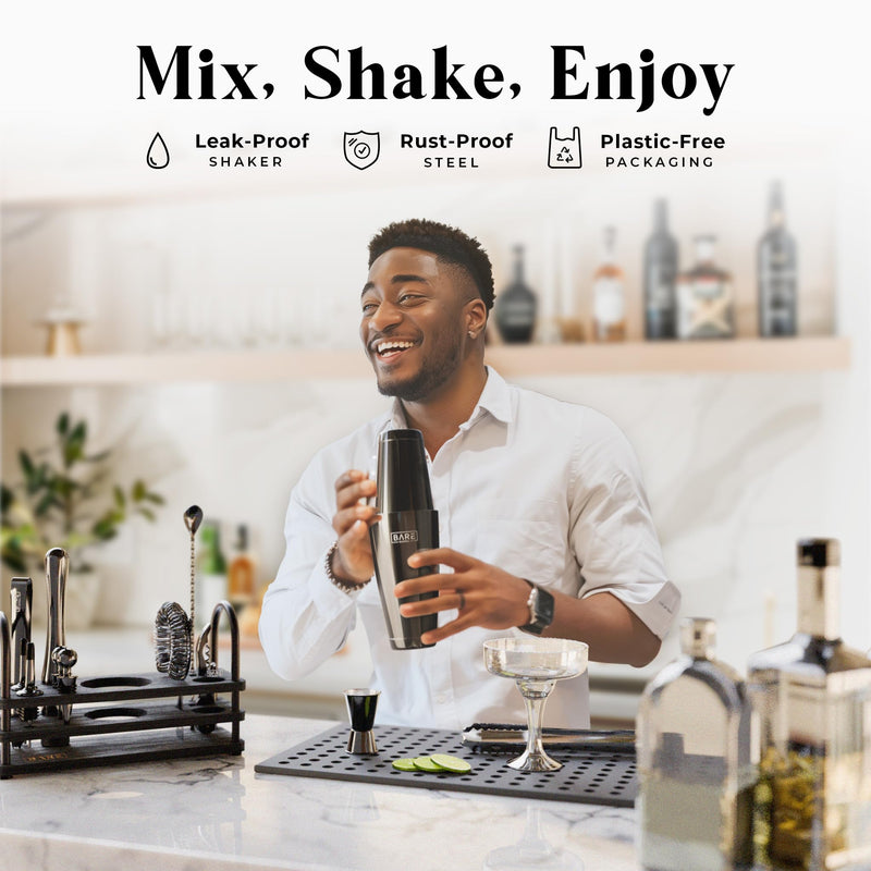 BARE BARREL® Cocktail Making Kit | 14-Piece Bartender Kit Cocktail Shaker Set Maker | Display Stand & 35 Recipe Cards | Mixology Cocktail Gift Set (800ml/28oz Boston Shaker, Jet Black/Black)