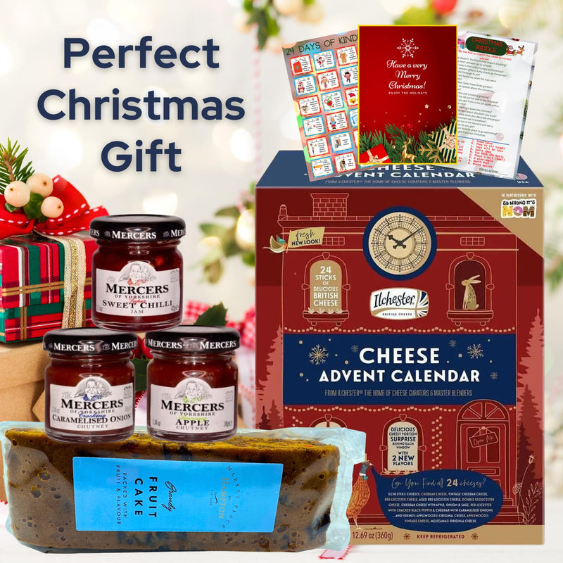 Ilchester Cheese Advent Calendar 2024, Chutney 3x and Fruit Cake - 24 Individually Wrapped Cheese Selection - Unique Food Advent Calendar for Men and Women, Christmas Hamper, Cheese Gifts for Adults - Gift Guide