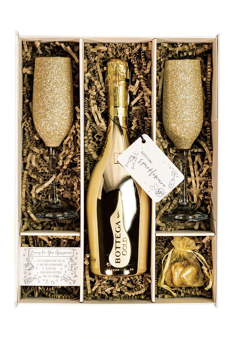 Bottega Gold Prosecco DOC 75cl Gift Set Hamper With Matching Sparkling Gold Champagne Flutes, Chocolates And Gift Box - Golden Wedding Gift - With Personalised Gift Message (Sparkling Tops)