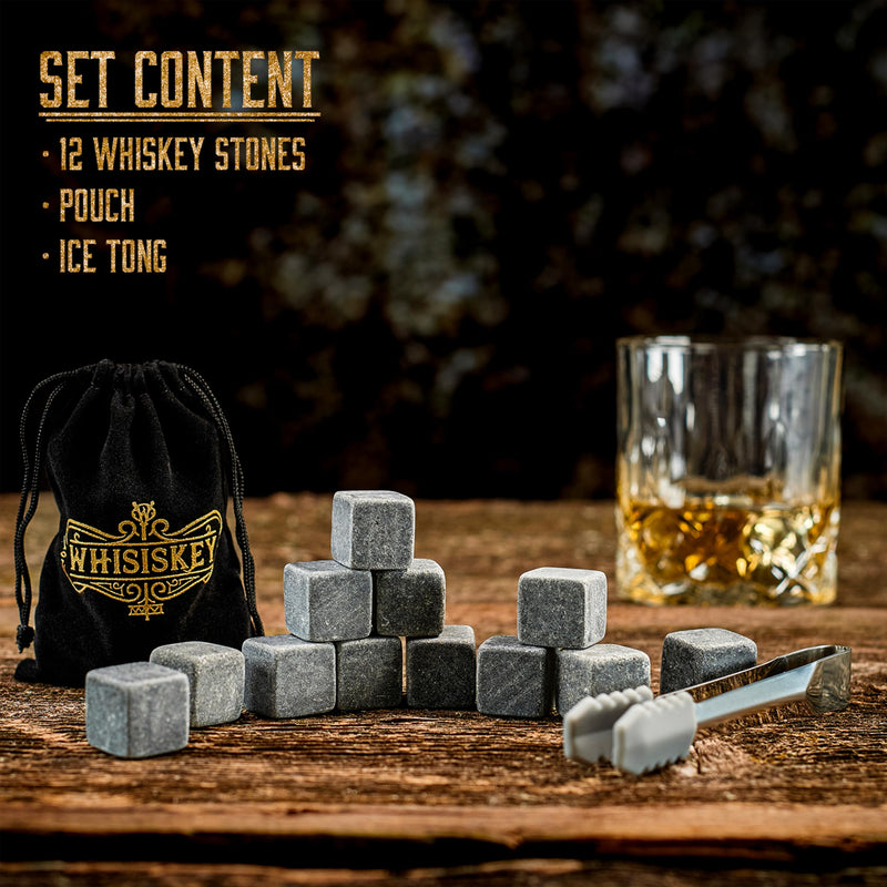 Whisiskey - Whisky Accessories Set - Gifts for Men - 12 Whiskey Stones & Pliers - Ice Cubes Reusable - Whisky Gift Set