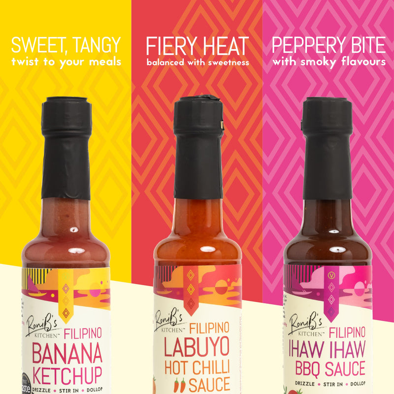 Tropical Sauces Gift Box from RoniB’s Kitchen 150ml - 3 x Filipino Style Vegan Sauces - Banana Ketchup, Ihaw Ihaw BBQ Sauce & Labuyo Hot Chilli Sauce - Gift Guide