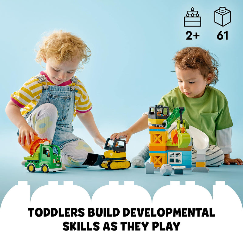 LEGO DUPLO Construction Site with Crane Toy, Bulldozer and Cement Mixer, Large Bricks Educational Sensory Toys for 2 Plus Year Old Toddlers, Boys and Girls, Birthday Gift Idea 10990