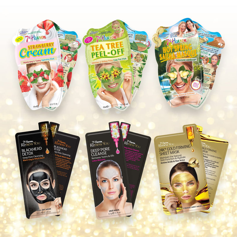 7th Heaven XL Pamper Bag Gift Set - Pack of 10 Variety Masks in a Gold Cosmetic Bag - Skincare Set Including Face Masks, Foot Masks, Hair Masks and More - Contents May Vary