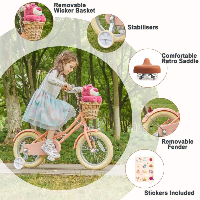 Glerc 12 Inch Kids Girls Bike for 3 4 5 Years Old Little Girls Retro Vintage Style Bicycles with Basket,Stabilisers and Bell,Peach