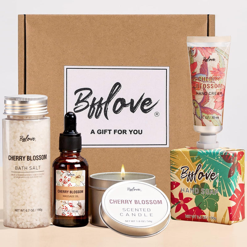 Bath Gift Sets for Women, Spa Gift Set, Care Package for Her, 5Pcs Cherry Blossom Pamper Gifts Spa Gifts for Women with Massage Oil, Scented Candle, Bath Salt, Soap Birthday Gifts Mothers Day Gifts