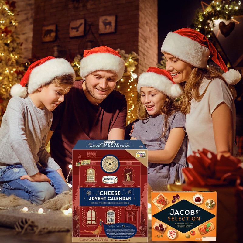 Ilchester Cheese Advent Calendar 2024 and Jacobs Biscuits Selection 300g - World's First Cheese Advent Calendar, 24 Individually Wrapped Cheese Selection - Mens Advent Calendar 2024, Christmas Hamper - Gift Guide