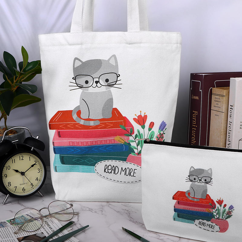 HAOWANWW 2 Pcs Canvas Book Tote Bags Book Lovers Gift for Women Reading Makeup Canvas Bag Book Club Gift Librarian Bookish Gift Bookworm Gift with Metal Zipper Bookshelf Tote Bag for Teacher Adults
