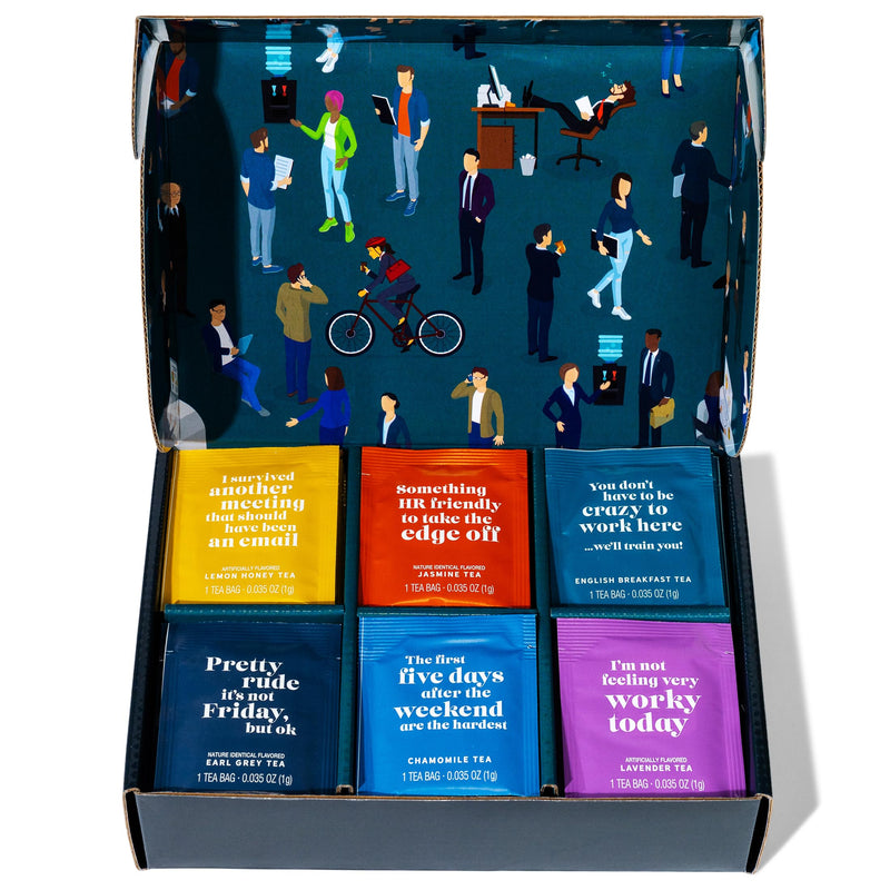 Thoughtfully Gourmet, Office Life Tea Gift Set, Tea Sampler Includes 6 Flavours of Tea with Funny Quotes, Great Office Gifts for Coworkers, Set of 90 - Gift Guide