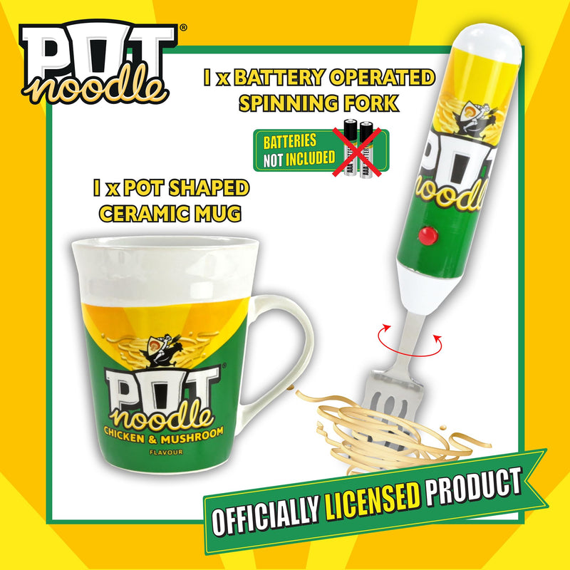 Kimm & Miller Pot Noodle Spinning Fork & Mug Gift Set - Funny Novelty Gifts for Men, Women, Teens & Students - Chicken and Mushroom Design