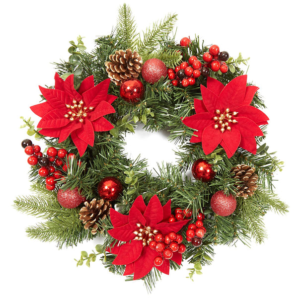 LinTimes 16 Inch Christmas Wreath for Front Door, 40cm Red Artificial Wreaths with Xmas Baubles, Xmas Flowers, Berries and Pine Cones for Fireplace Wall Window Door Christmas Outside Decoration - Gift Guide