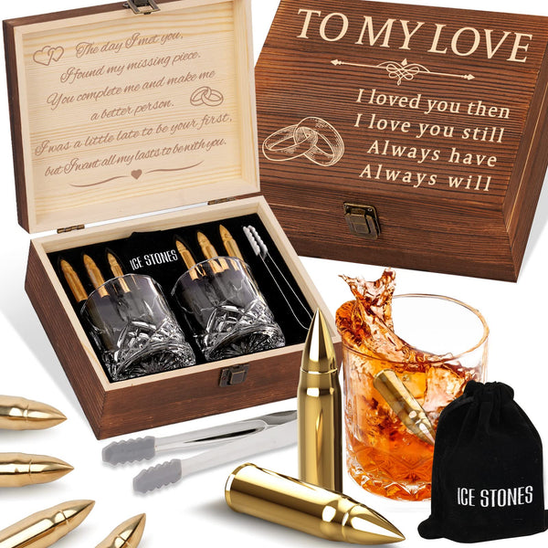 Whiskey Stones & Glasses Gift Set for Him Husband Christmas, 2 Whisky Glasses and 6 Chilling Stone Secret Santa Gifts for Men Boyfriend, I Love You Romantic Anniversary Xmas Presents Stocking Fillers