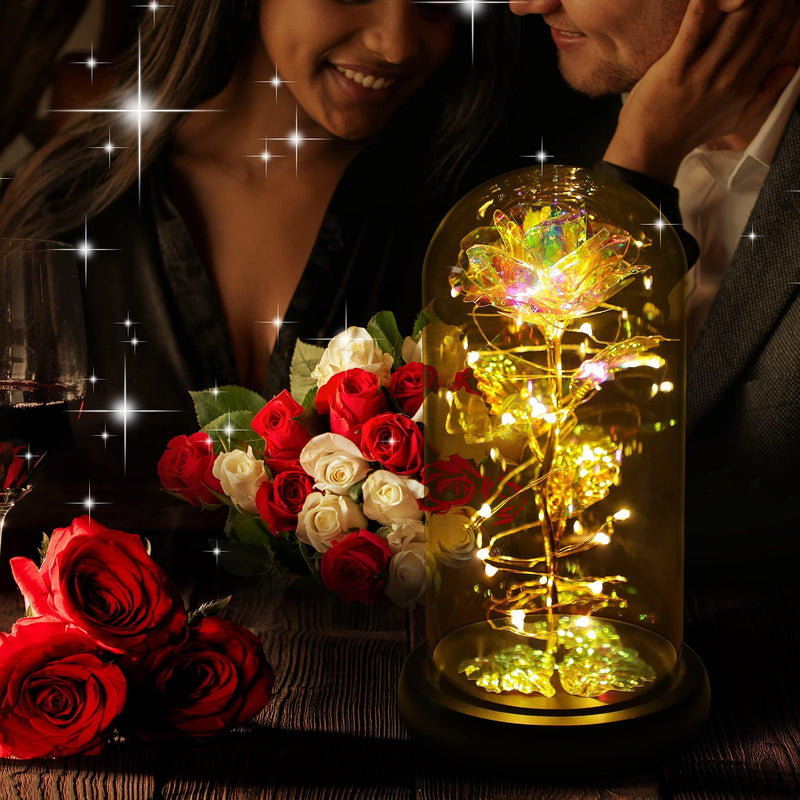 Christmas Rose Gifts for Women,Birthday Gifts for Women,Rose Flower Gifts for Women,Colorful Rainbow Light Up Rose in A Glass Dome,Rose Gifts for Mom Her Christmas,Thanksgiving,Anniversary - Gift Guide
