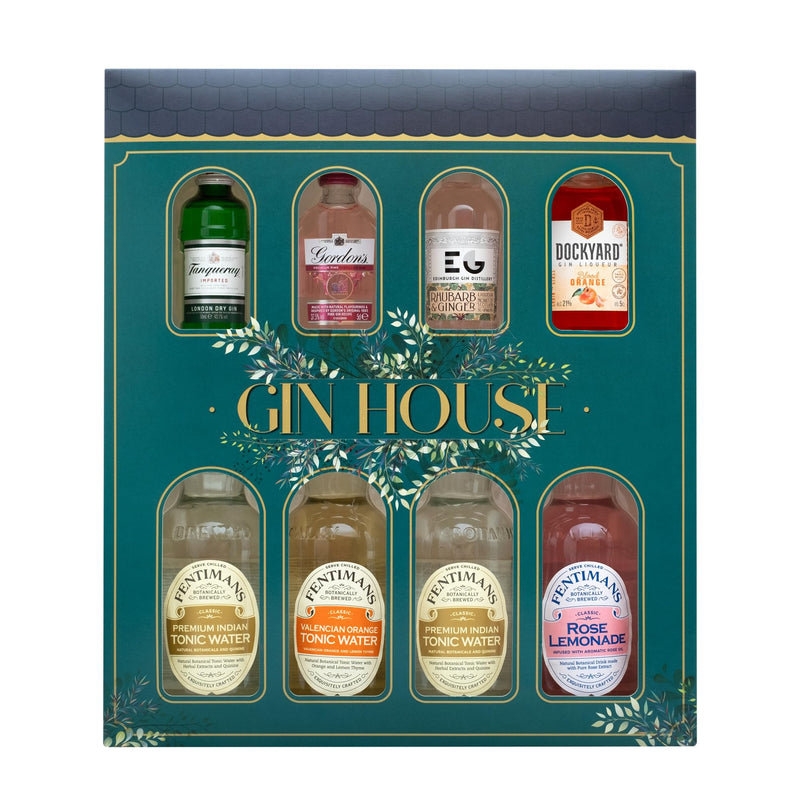 Gin Gift Set - Flavoured Gin 4x5cl Gordons Pink Gin, Edinburgh Gin Rhubarb and Ginger, Tanqueray Gin, Dockyard Orange Gin, 4x125ml Fentimans Tonic Cocktail Mixers - Gin Gifts for Women, Men, Christmas