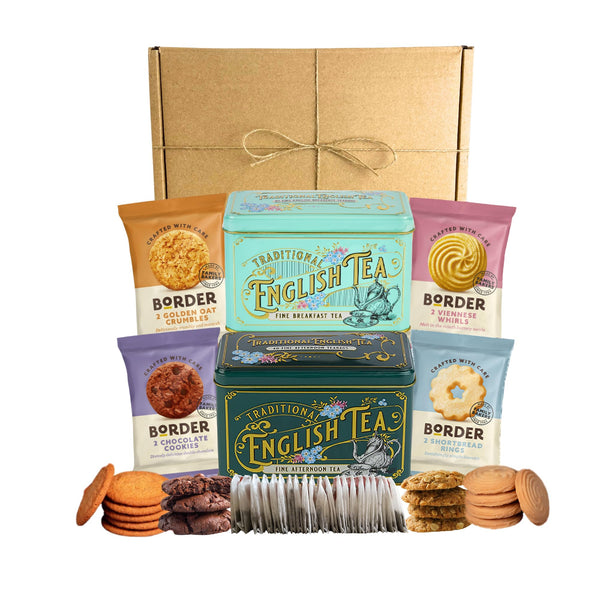 Afternoon Tea & Biscuits Hamper With 8 Border Biscuits & 80 English Teabags (Breakfast & Afternoon) Vintage Tins - Gift Guide