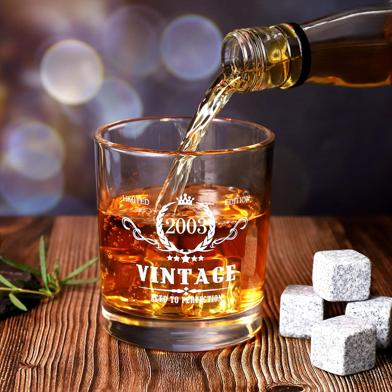 Tecanne 21st Birthday Gifts for Men, Vintage 2003 Whiskey Glass Set - 21 Years Anniversary, Bday Gifts Ideas for son, Husband, BoyFriend, Friends - Wood Box & Whiskey Stones & Coaster