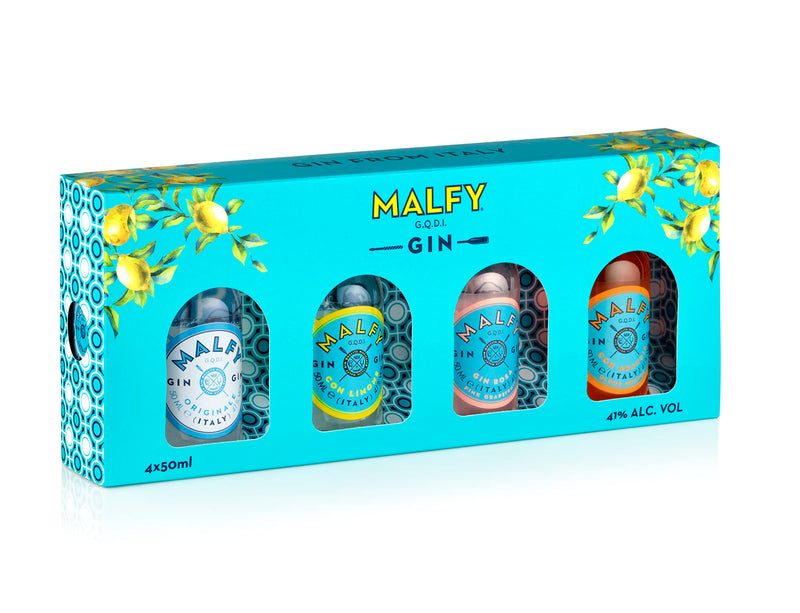 Malfy Italian Gin Miniatures Gift Box Selection | 4 x 5cl | Grapefruit, Lemon, Blood Orange and Original Flavoured Gin Minis | Perfect Gin Gift set | Ideal for Birthday Gifts and Special Occasions