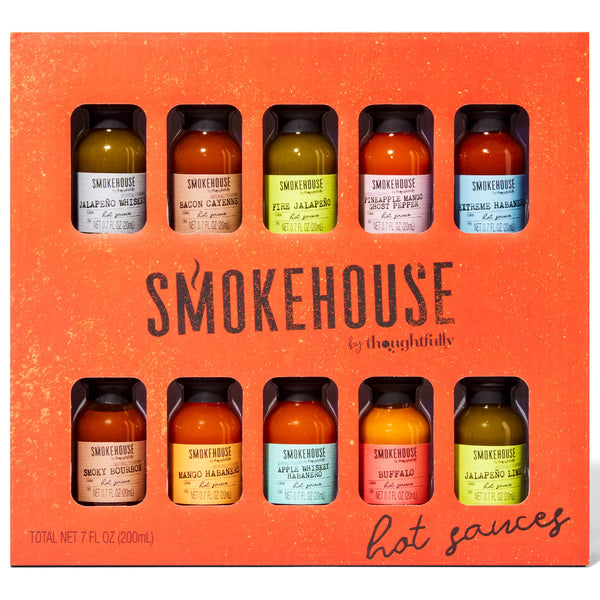 Smokehouse by Thoughtfully, Hot Sauce Gift Set, Flavours Include Bacon Cayenne, Garlic Herb, Apple Whiskey Habanero and More, Pack of 10 - Gift Guide