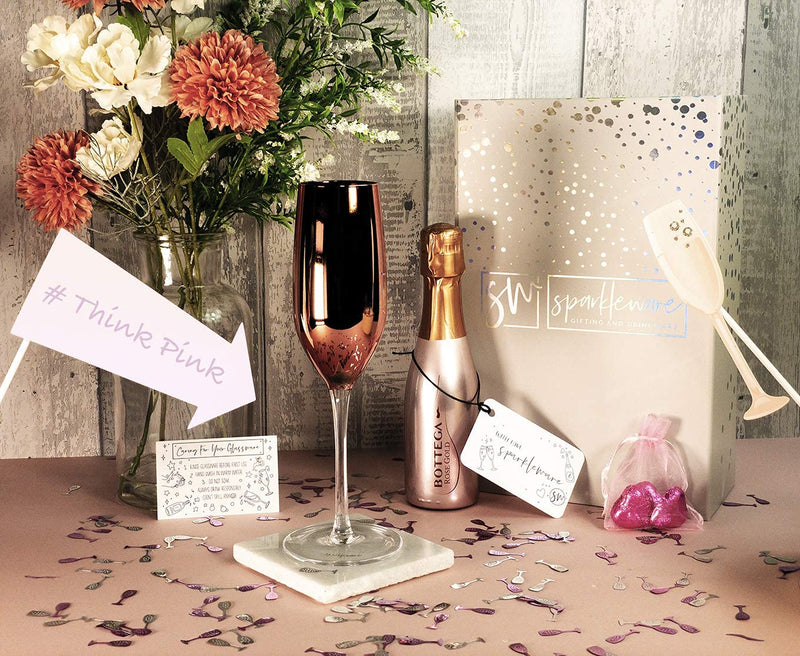 Bottega Rose Gold Spumante Sparkling Wine 20cl Gift Set Hamper With Matching Pink Champagne Flute And Chocolates - Fully Gift Boxed Pink Fizz Gifts For Wine Lovers (Metallic Top)