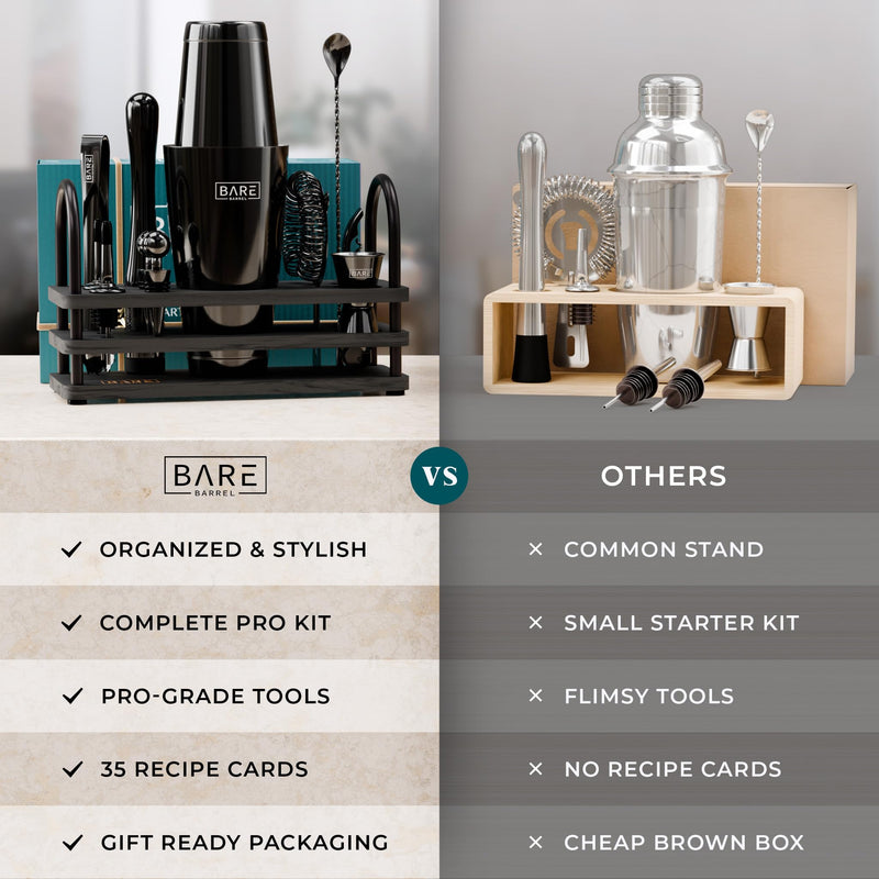 BARE BARREL® Cocktail Making Kit | 14-Piece Bartender Kit Cocktail Shaker Set Maker | Display Stand & 35 Recipe Cards | Mixology Cocktail Gift Set (800ml/28oz Boston Shaker, Jet Black/Black)
